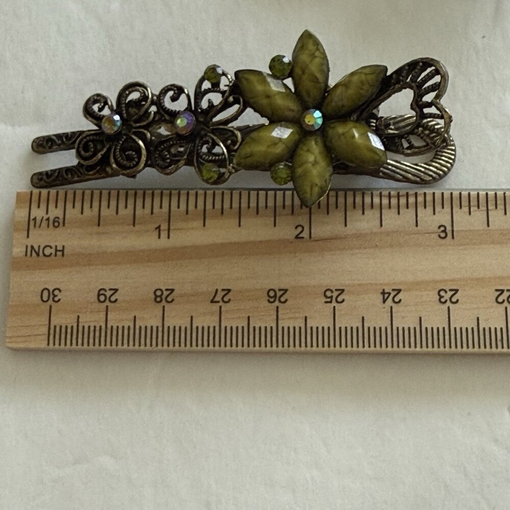 Vintage Flower Hair Clip Clamp Filigree Hair Decor 3" Metal Stone Set of 2 - Picture 4 of 6